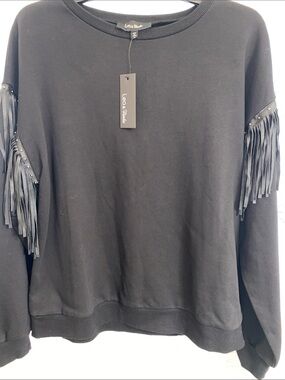 Lea & Viola Black Fringe Sleeve Crewneck Sweater